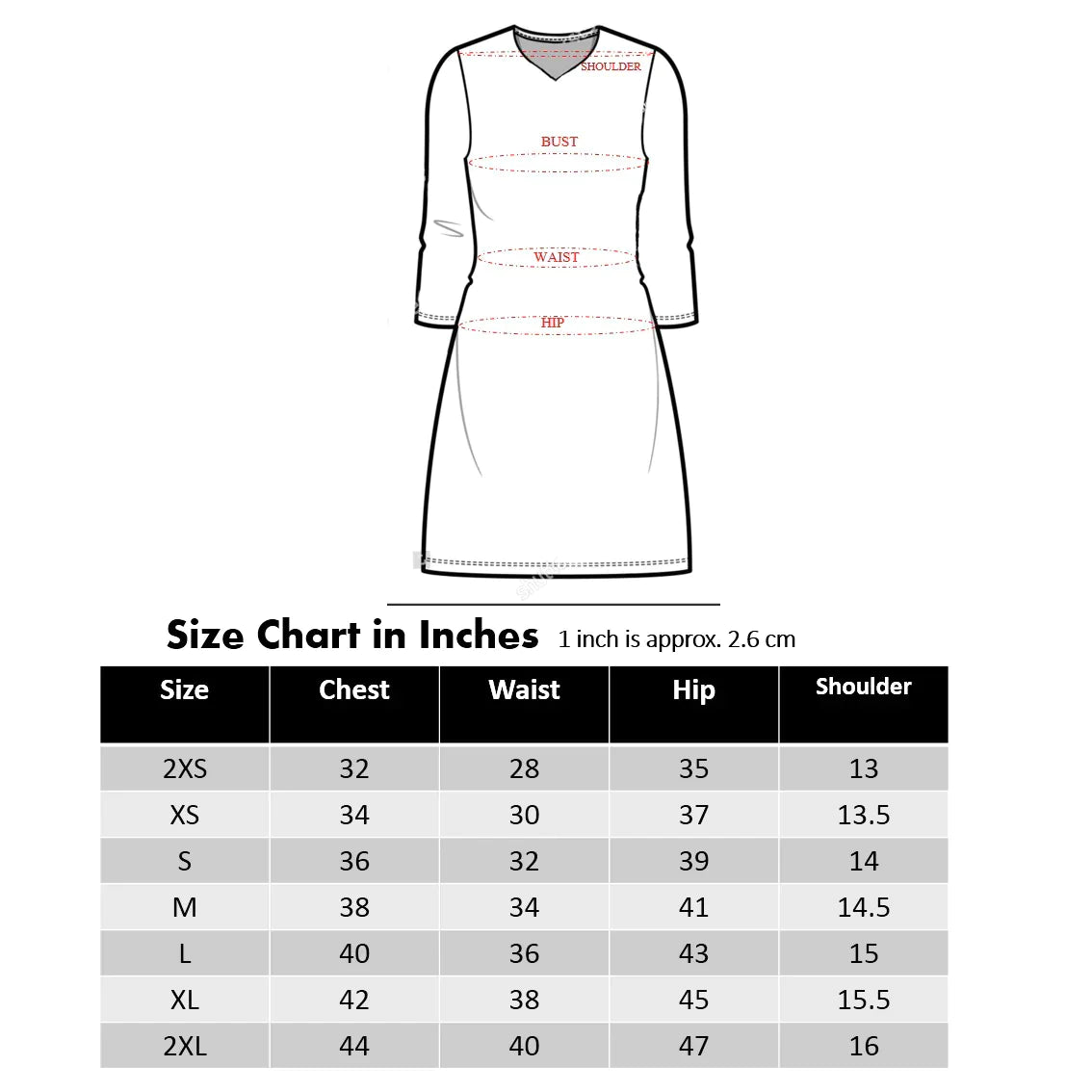 Size chart, Long sleeve dress, Kurti